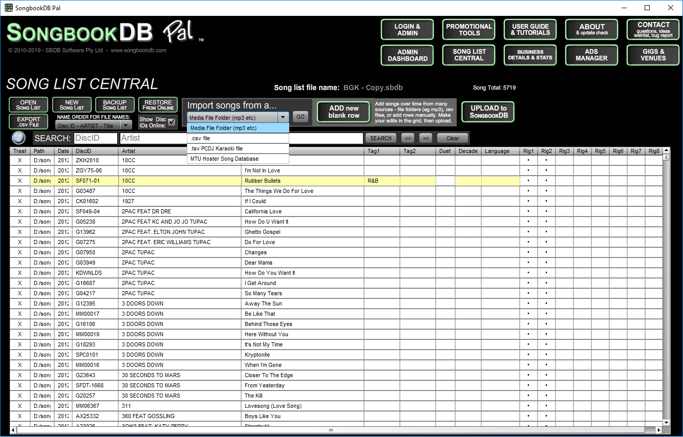 songbookdb song list central
